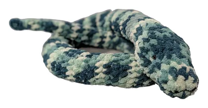 Blue and green speckled crochet snake