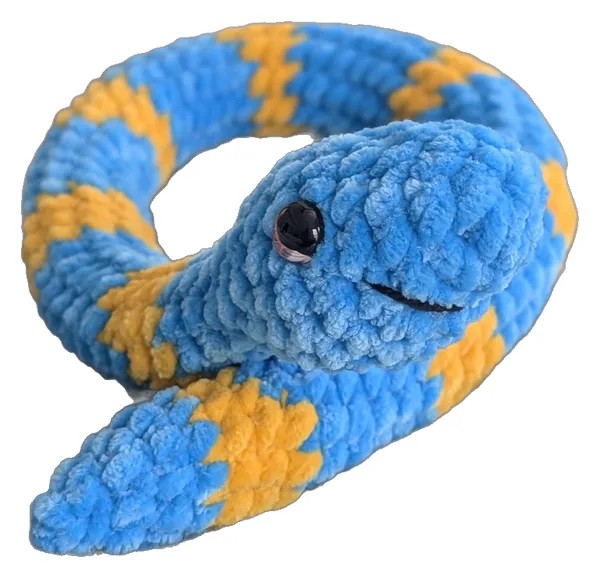 Blue crochet snake with yellow stripes